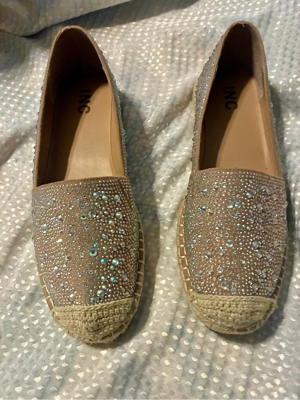 INC International Concepts Taupe Rhinestone Espadrilles, Size 9